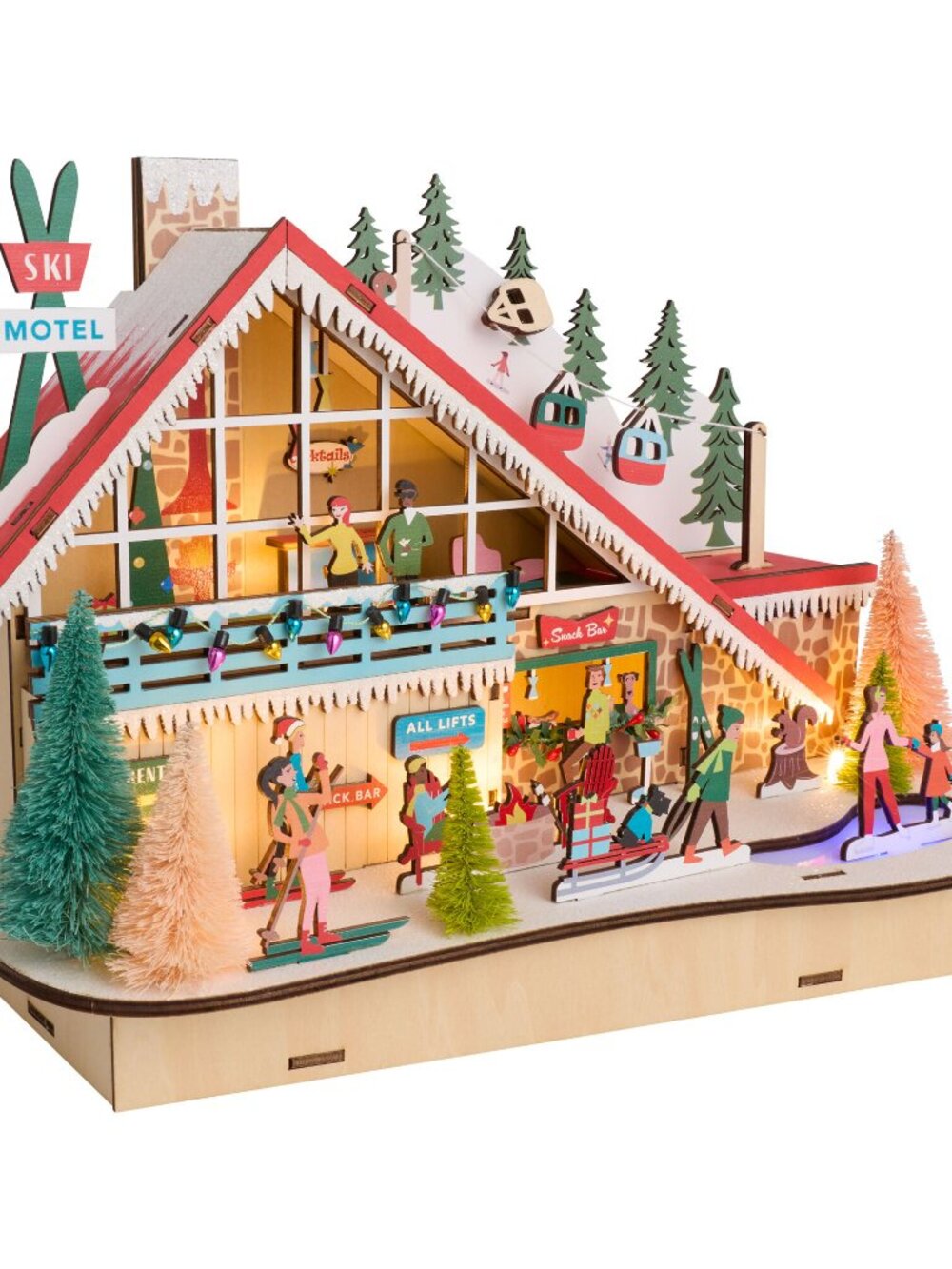 World Market Laser Wood Led Christmas Ski Lodge with LED lights NIB Retro
